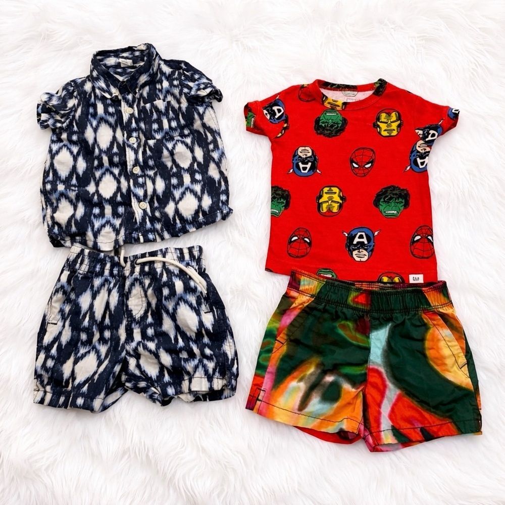 GAP Marvel Toddler 2 Outfit Lot 12-18M Avengers Tee Ikat Shirt Tie Dye Shorts